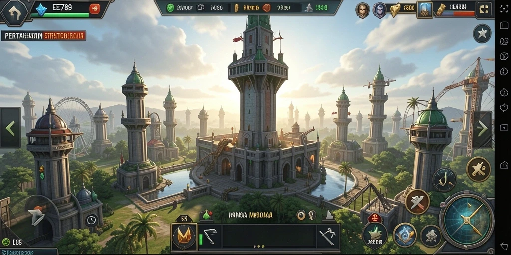 Screenshot gameplay EE789 dengan aksi pertahanan menara yang intens.