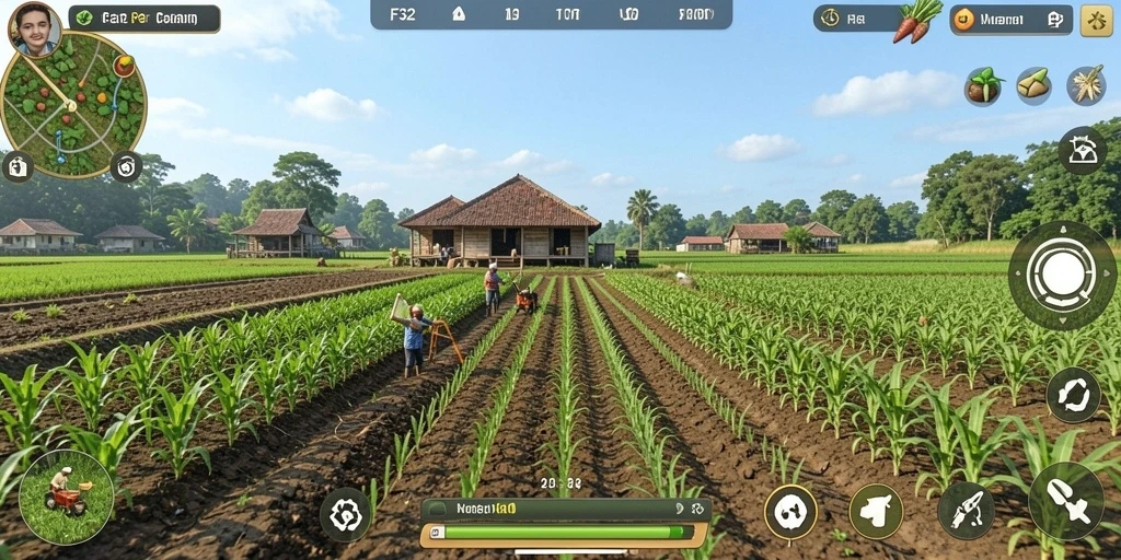 Tampilkan gameplay mengelola pertanian di F32 yang penuh warna dan interaktif.
