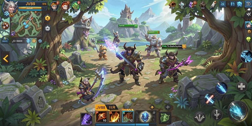 Tampilan gameplay JV88 dengan karakter yang bertarung di dunia fantasi.