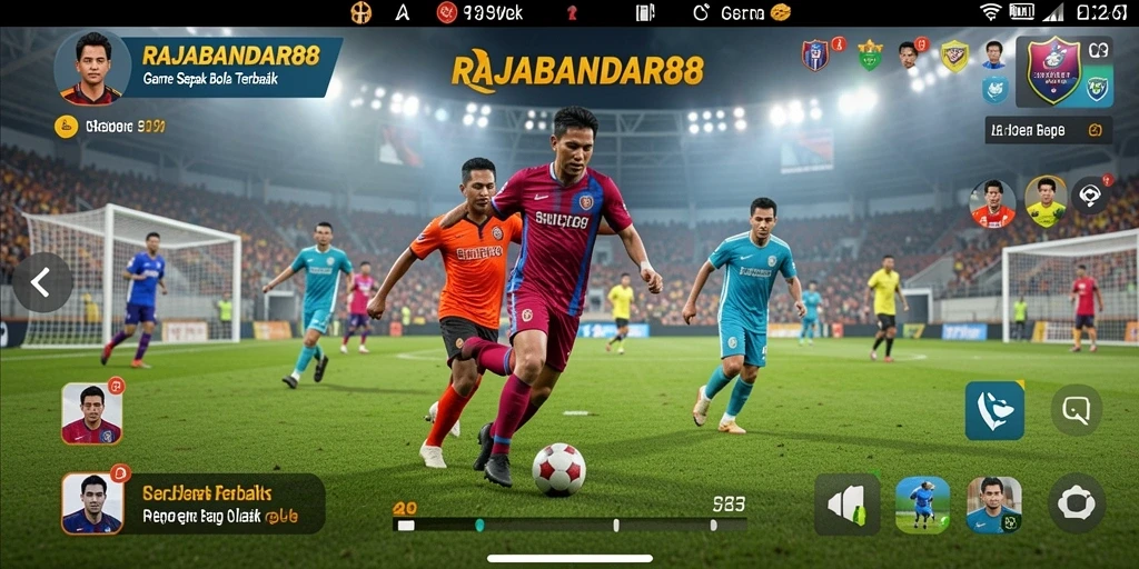 Screenshot gameplay RAJABANDAR88 menampilkan aksi seru di lapangan sepak bola.