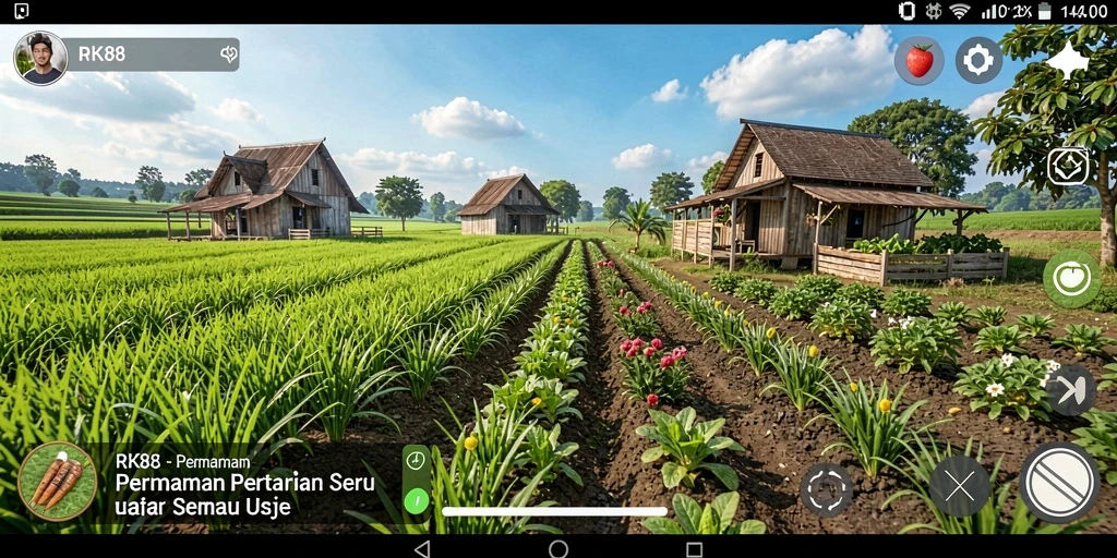 Screenshot menunjukkan gameplay seru RK88 dengan ladang hijau dan hewan peliharaan.