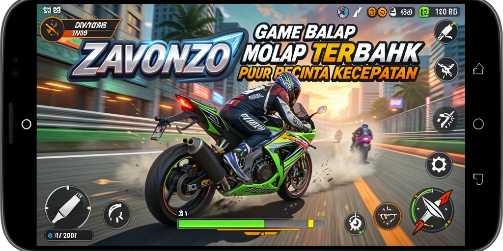 Tampilan gameplay menarik dari ZAVONZO dengan berbagai motor dan trek balapan.